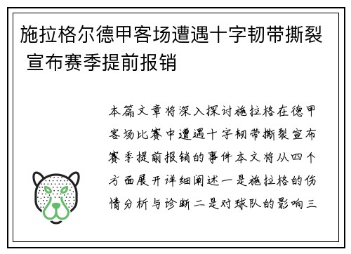 施拉格尔德甲客场遭遇十字韧带撕裂 宣布赛季提前报销
