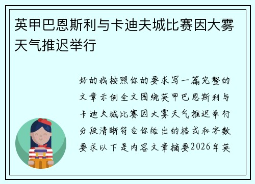 英甲巴恩斯利与卡迪夫城比赛因大雾天气推迟举行